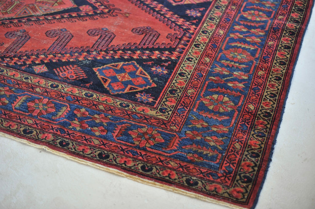 RESERVED FOR ALYSSA*** SENSATIONAL Antique Geometric Village Rug | Fruit Punch, Watermelon, Coral, Deep Salmon with Oxford & Denim Blue | 9.7 x 11.9