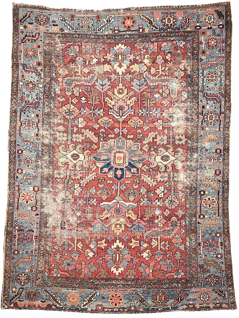 GORGEOUS & OPTIMISTIC  Antique Persian Heriz | Rusts, Sunflower, Ice Blue, Salmon, Pinks, Greens | 9 x 11.7