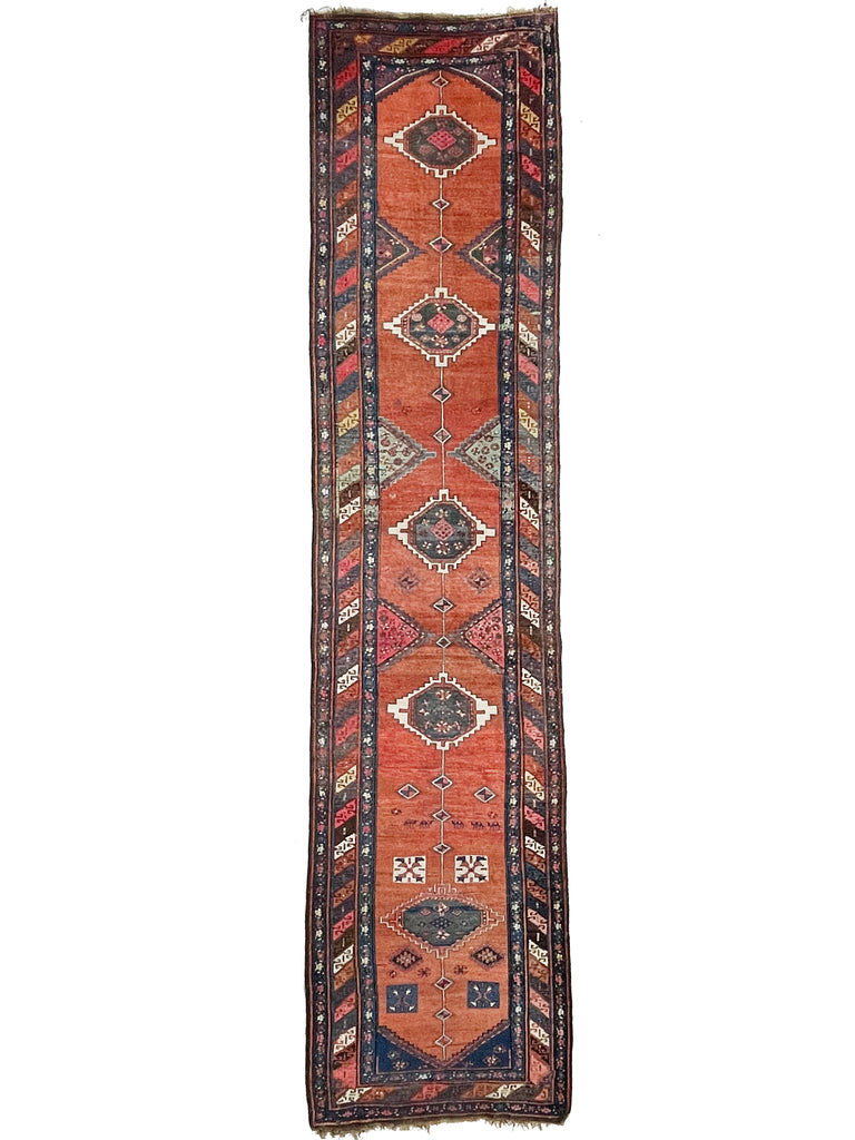 TUSCAN DREAM | Long Antique Caucasian Runner | Clay, Amber, Umber, Denim, Walnut, Beige | 3.7 x 14.9