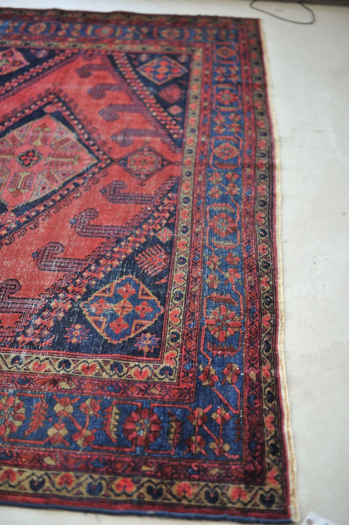 RESERVED FOR ALYSSA*** SENSATIONAL Antique Geometric Village Rug | Fruit Punch, Watermelon, Coral, Deep Salmon with Oxford & Denim Blue | 9.7 x 11.9