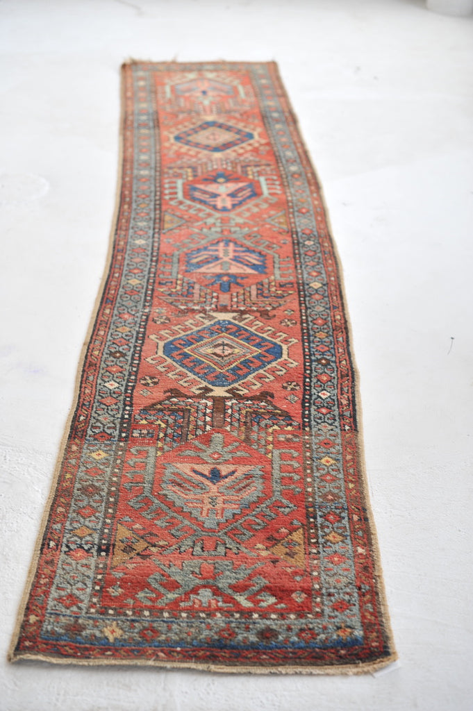 RARE & GORGEOUS Skinny Antique Northwest | Narrow Meandering Runner with Slate Blue, Dirty Lavender, Blush | 2.2 x 9.11