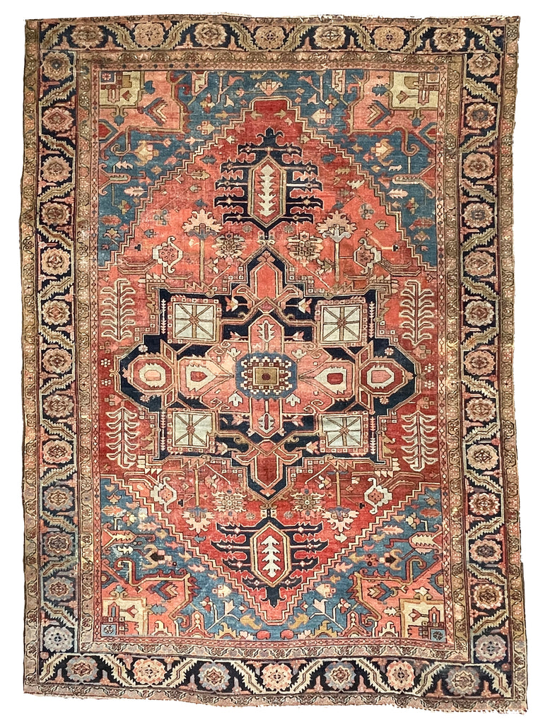 SOLD | C. 1910, ONE-OF-ONE SPECTACULAR Early Antique Tribal Piece with Goregous Border - Rust, Salmon, Denim, Camel | 9.6 x 13