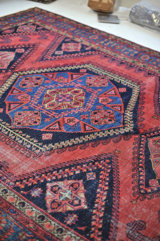 SOLD | SENSATIONAL Antique Geometric Village Rug | Fruit Punch, Watermelon, Coral, Deep Salmon with Oxford & Denim Blue | 9.7 x 11.9