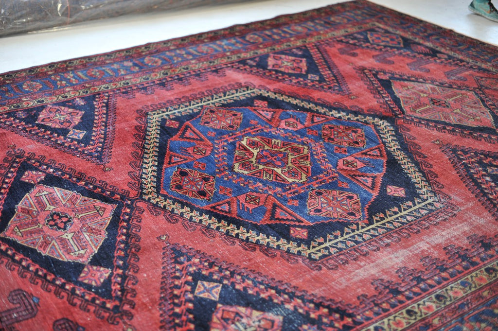 SOLD | SENSATIONAL Antique Geometric Village Rug | Fruit Punch, Watermelon, Coral, Deep Salmon with Oxford & Denim Blue | 9.7 x 11.9