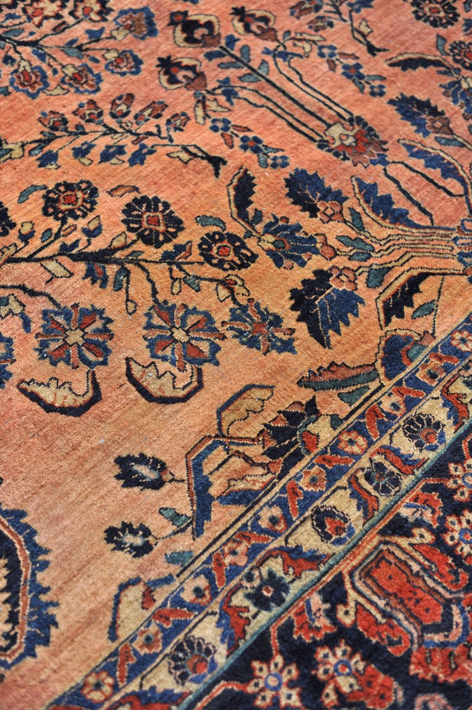 GLOWING Antique Botanical Sarouk GEM | Salmon, Coral, Pink, Blush with Deep Indigo & Peacock Blue | 10.3 x 13.4