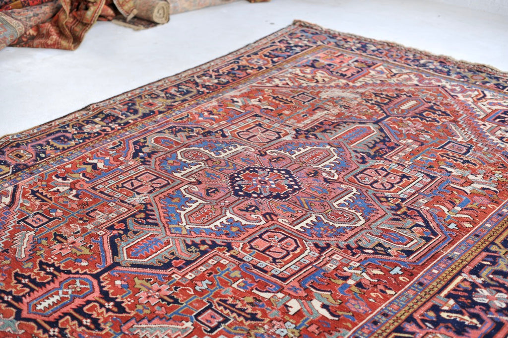 SOLD | BERRY & TEAL Medallion | Antique Persian Heriz Northwest Geometric Village Rug | 8.3 x 11.4