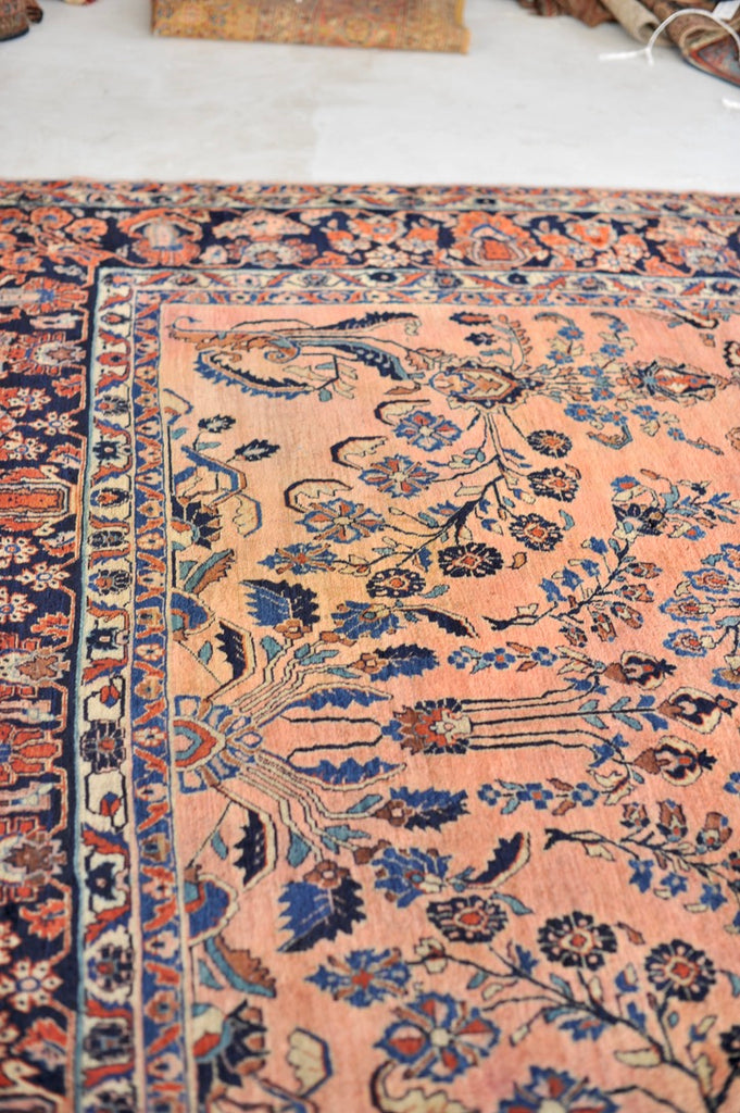 GLOWING Antique Botanical Sarouk GEM | Salmon, Coral, Pink, Blush with Deep Indigo & Peacock Blue | 10.3 x 13.4