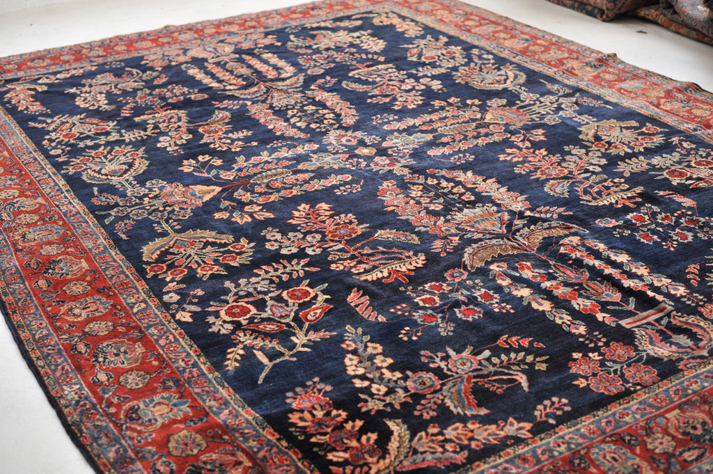 MOODY RALPH LAUREN Vibe Antique Sarouk | Botanical Velvety Wool with Deep Navy & Rich Red | 9.3 x 12.2