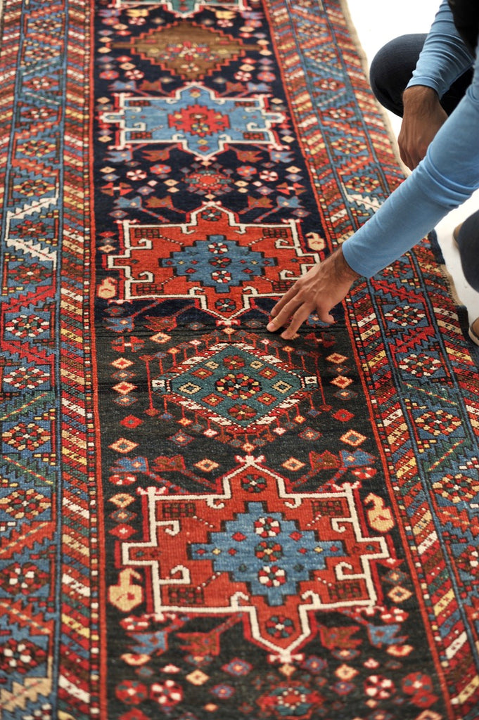 RARE Antique Northwest Runner | Smokey Blackish-Blue Ground with Teals, Blues, Emerald Greens | 3 x 13.10