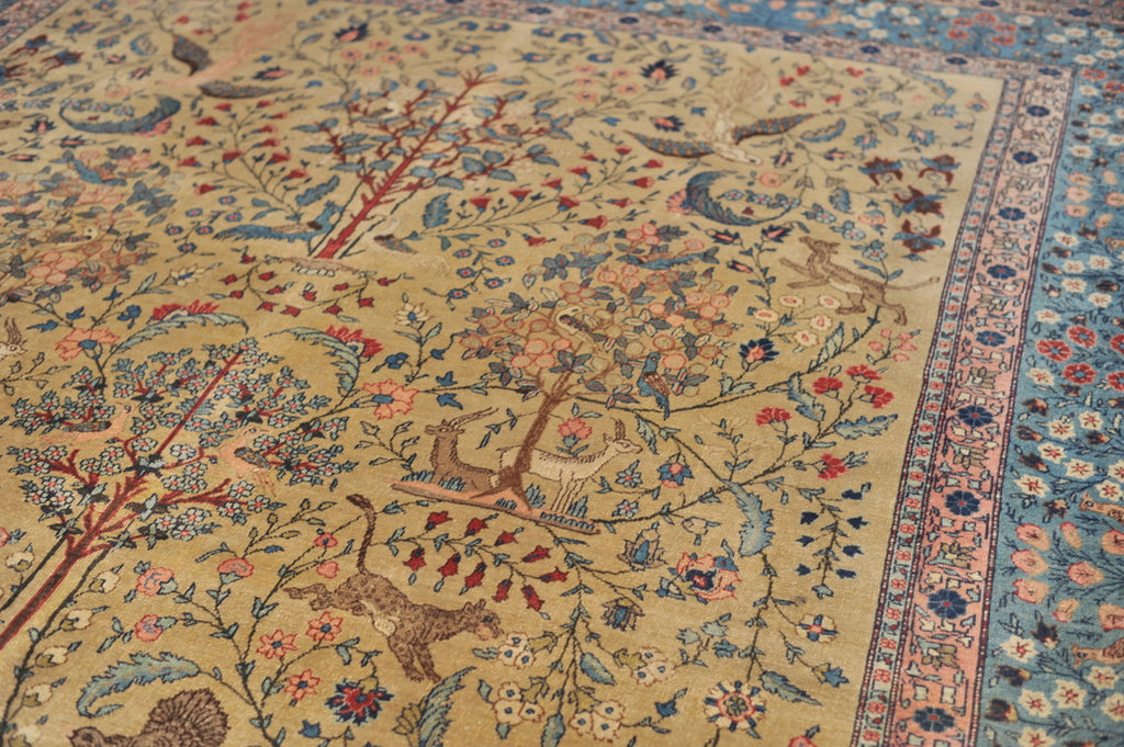RARE "CREATOR'S VISION" PARADISE TREE OF LIFE TABRIZ with Phoenix, Leopards, Fawn, & Roosters | Camel Ground & Bakshayesh Blue Border | UNREAL | 9.8 x 13