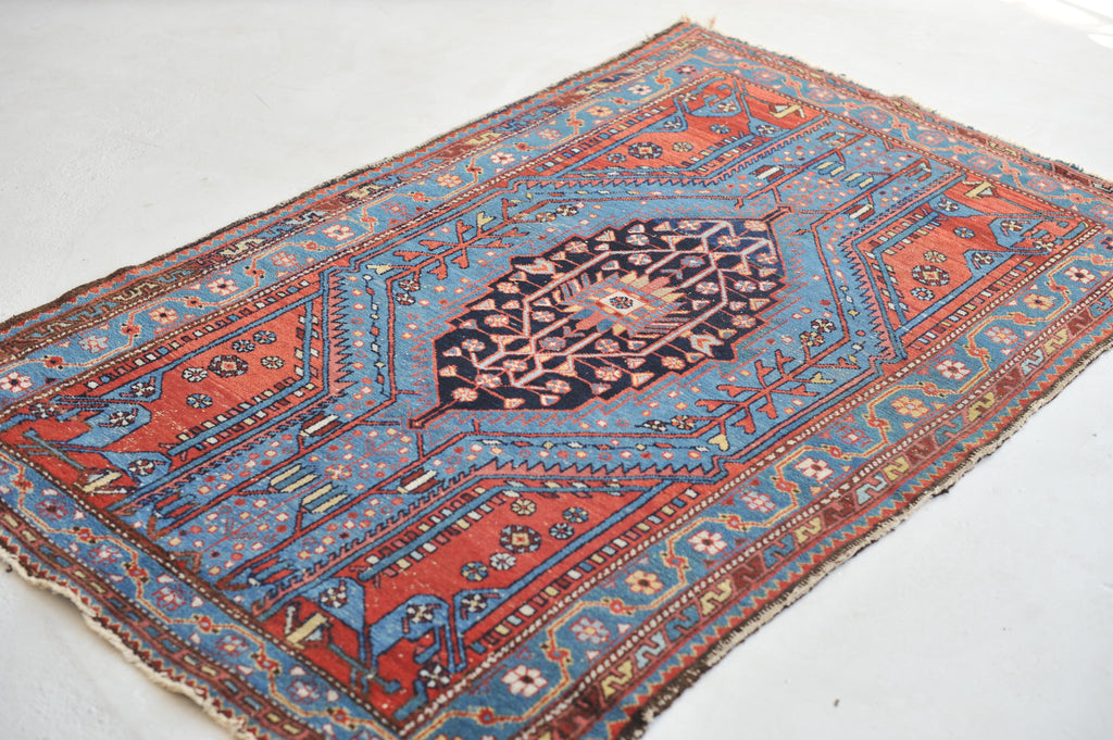 Electrifying Blue & Lovely Strawberry Antique Rug |  4.2 x 6.4