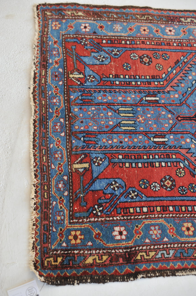Electrifying Blue & Lovely Strawberry Antique Rug |  4.2 x 6.4