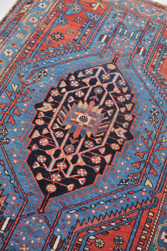 Electrifying Blue & Lovely Strawberry Antique Rug |  4.2 x 6.4
