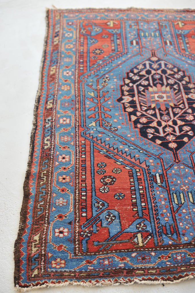 SOLD | Electrifying Blue & Lovely Strawberry Antique Rug |  4.2 x 6.4