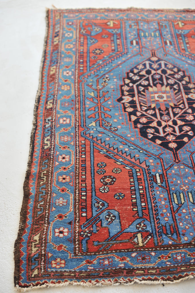 Electrifying Blue & Lovely Strawberry Antique Rug |  4.2 x 6.4