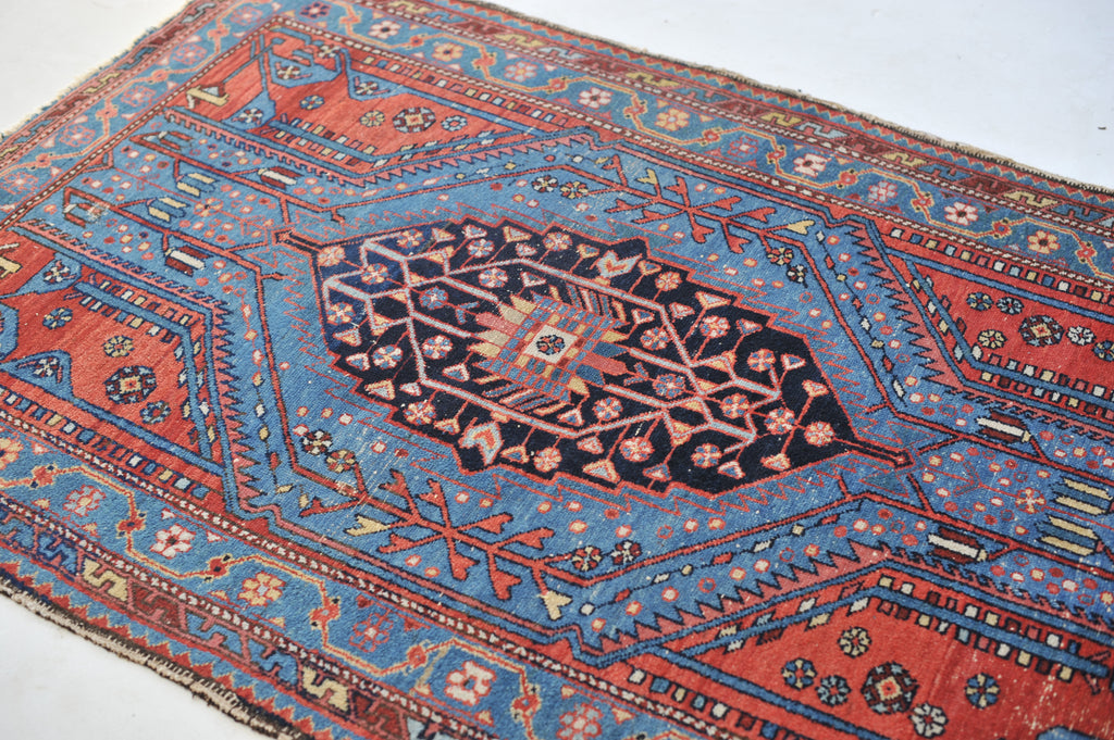 Electrifying Blue & Lovely Strawberry Antique Rug |  4.2 x 6.4