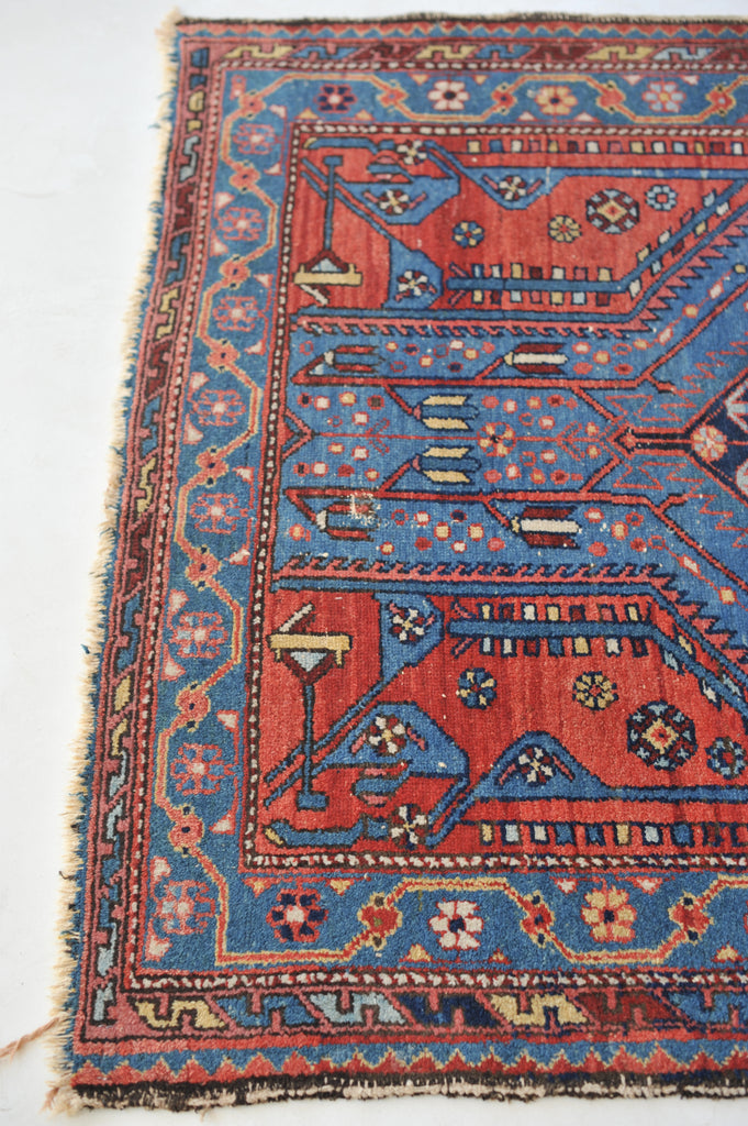 Electrifying Blue & Lovely Strawberry Antique Rug |  4.2 x 6.4