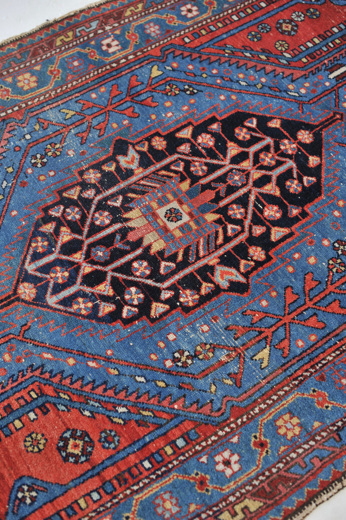 Electrifying Blue & Lovely Strawberry Antique Rug |  4.2 x 6.4