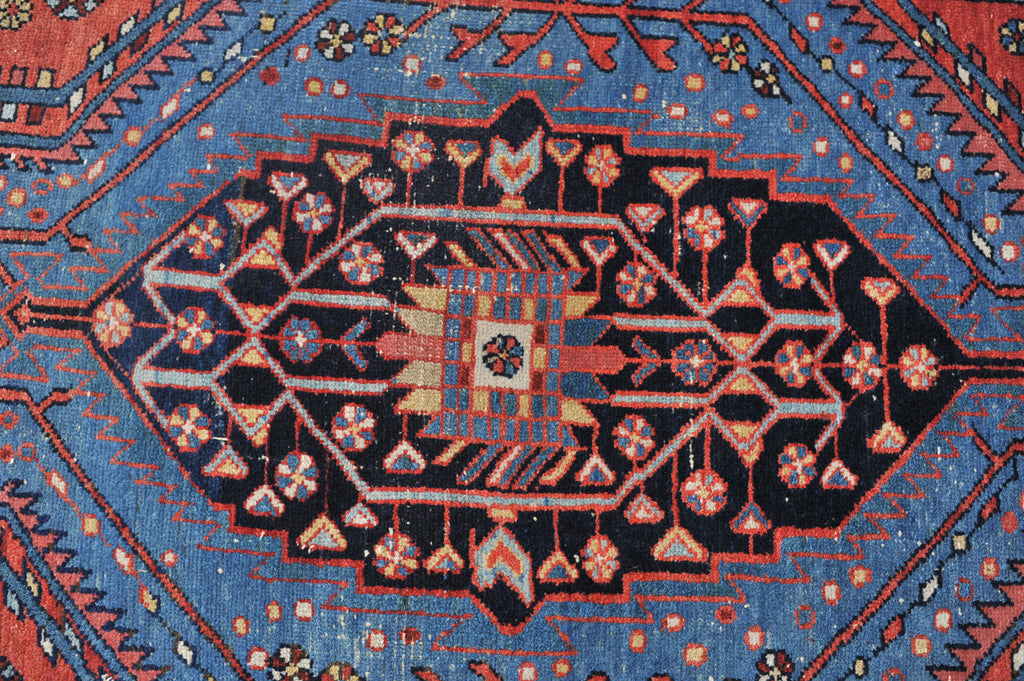 Electrifying Blue & Lovely Strawberry Antique Rug |  4.2 x 6.4