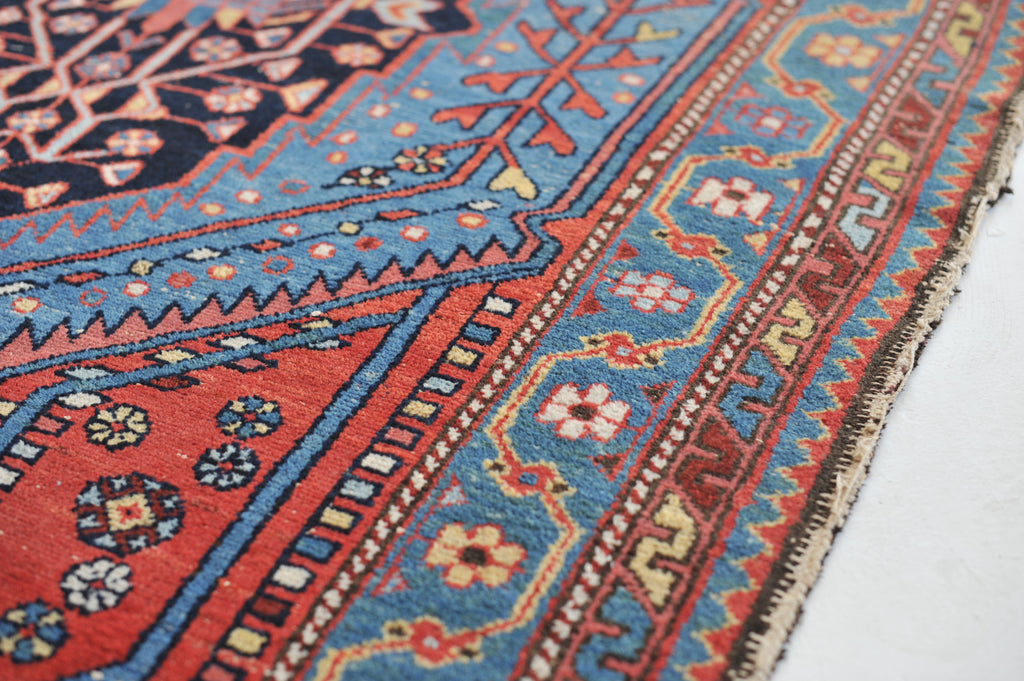 Electrifying Blue & Lovely Strawberry Antique Rug |  4.2 x 6.4