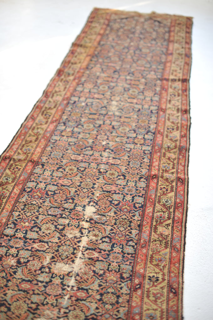 SOLD | MOODY Ralph Lauren Antique Runner | Navy, Camel, with Rare Purple & Teals | 3.4 x 13