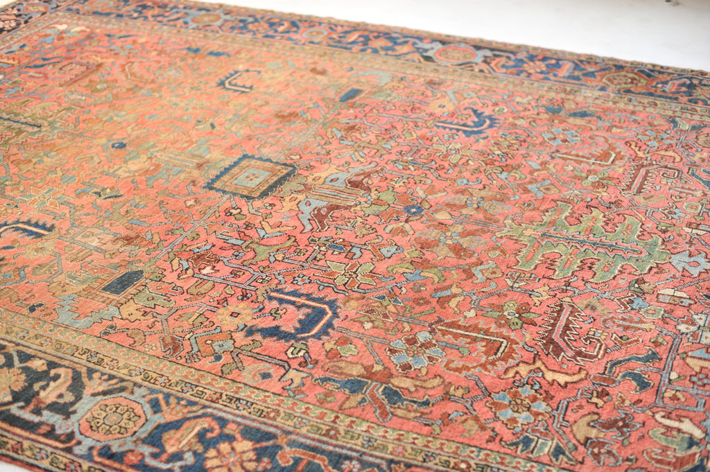 SENSATIONAL Antique Heriz Blooming Jungle All-Over Salmon Coral with Vivid Greens, Icy Blues & More | 8.7 x 12