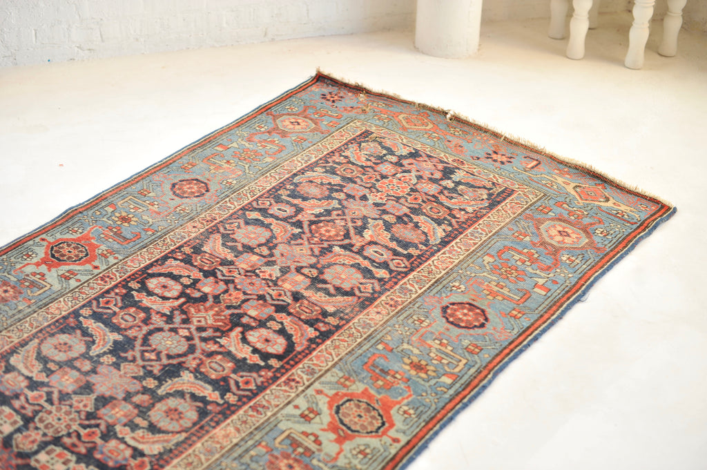 RARE Halvai Raw & Sophisticated Wide Antique Runner with 10 Different Blues in Water Garden Pattern | 4.2 x 8.10
