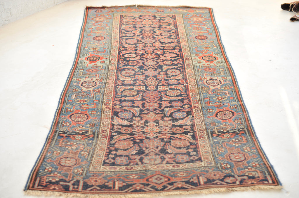 RARE Halvai Raw & Sophisticated Wide Antique Runner with 10 Different Blues in Water Garden Pattern | 4.2 x 8.10