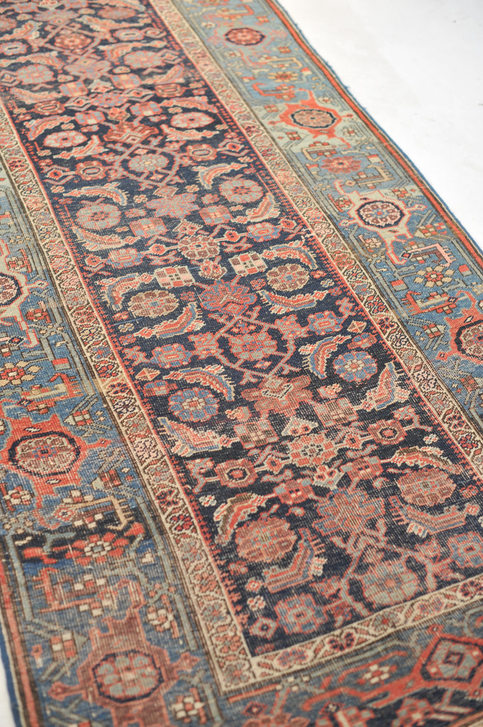RARE Halvai Raw & Sophisticated Wide Antique Runner with 10 Different Blues in Water Garden Pattern | 4.2 x 8.10