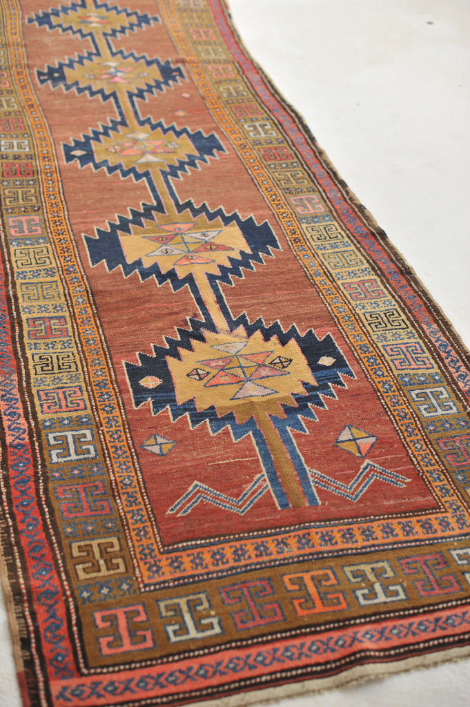 HANDSOME Geometric Antique Runner in Clays, Saffron & Deep Indigo | 3.7 x 11