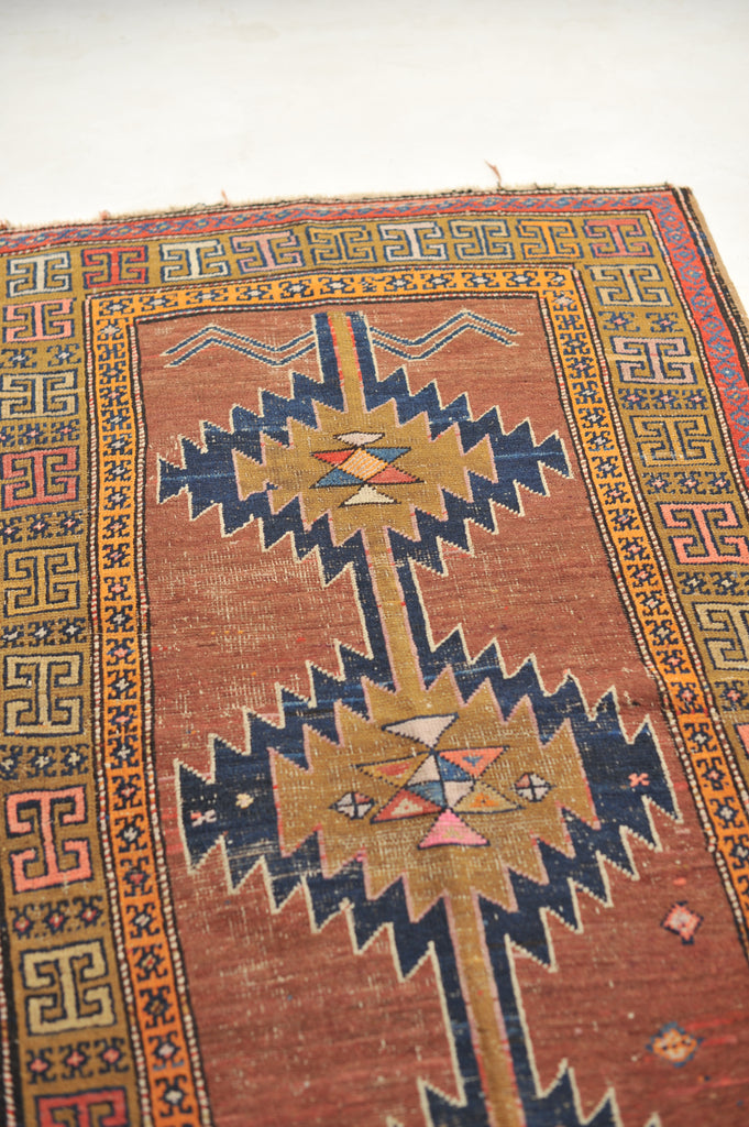 HANDSOME Geometric Antique Runner in Clays, Saffron & Deep Indigo | 3.7 x 11