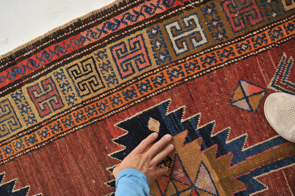 HANDSOME Geometric Antique Runner in Clays, Saffron & Deep Indigo | 3.7 x 11