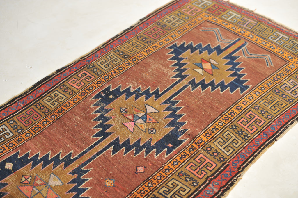 HANDSOME Geometric Antique Runner in Clays, Saffron & Deep Indigo | 3.7 x 11