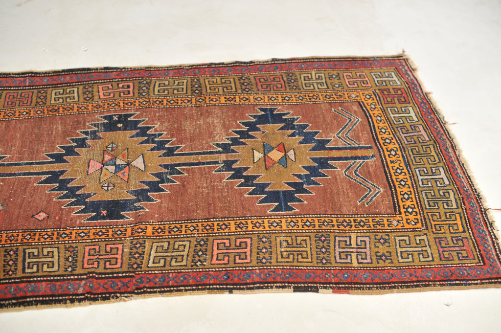 HANDSOME Geometric Antique Runner in Clays, Saffron & Deep Indigo | 3.7 x 11