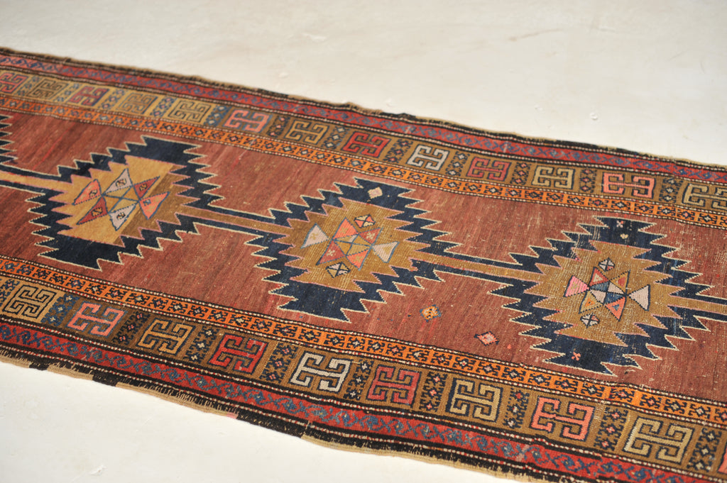 HANDSOME Geometric Antique Runner in Clays, Saffron & Deep Indigo | 3.7 x 11