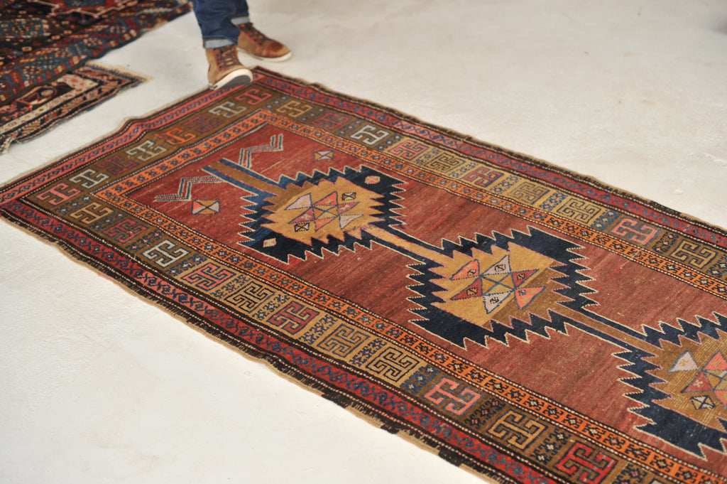 HANDSOME Geometric Antique Runner in Clays, Saffron & Deep Indigo | 3.7 x 11