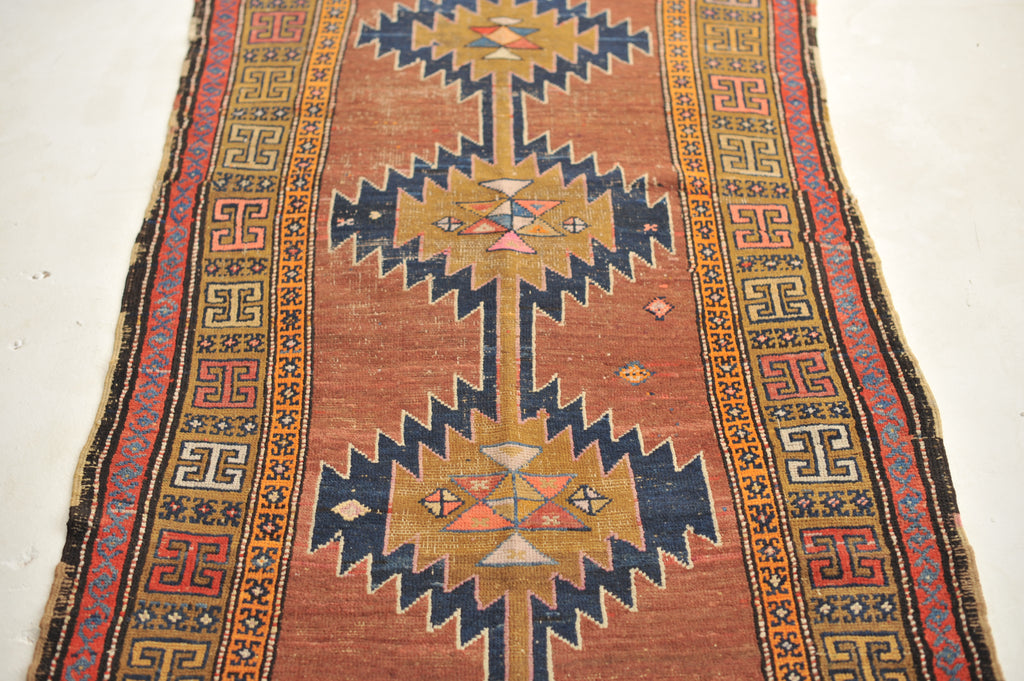 HANDSOME Geometric Antique Runner in Clays, Saffron & Deep Indigo | 3.7 x 11