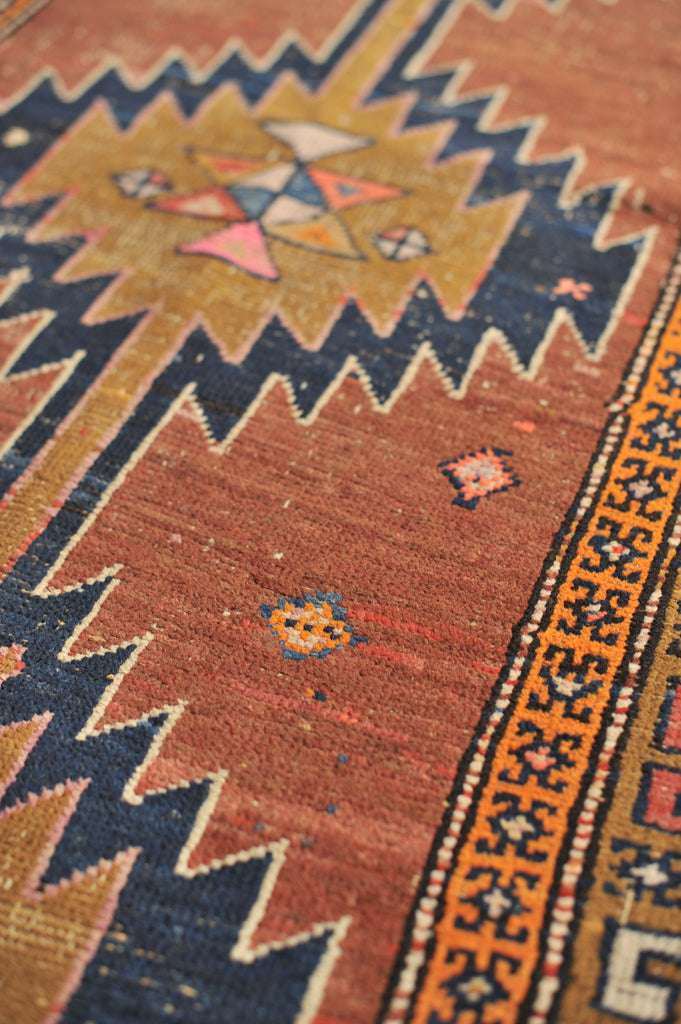 HANDSOME Geometric Antique Runner in Clays, Saffron & Deep Indigo | 3.7 x 11