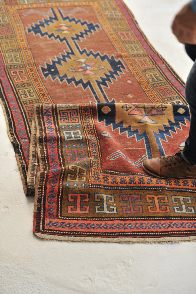 HANDSOME Geometric Antique Runner in Clays, Saffron & Deep Indigo | 3.7 x 11