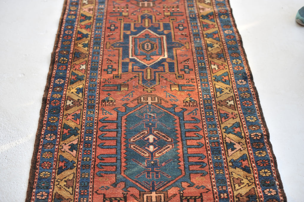 SOLD | WOW - Antique Northwest Runner | Deep Salmon-Terracotta Field with Camel Border | 3 x 10.8