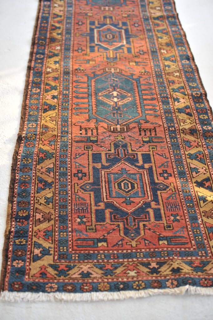 SOLD | WOW - Antique Northwest Runner | Deep Salmon-Terracotta Field with Camel Border | 3 x 10.8