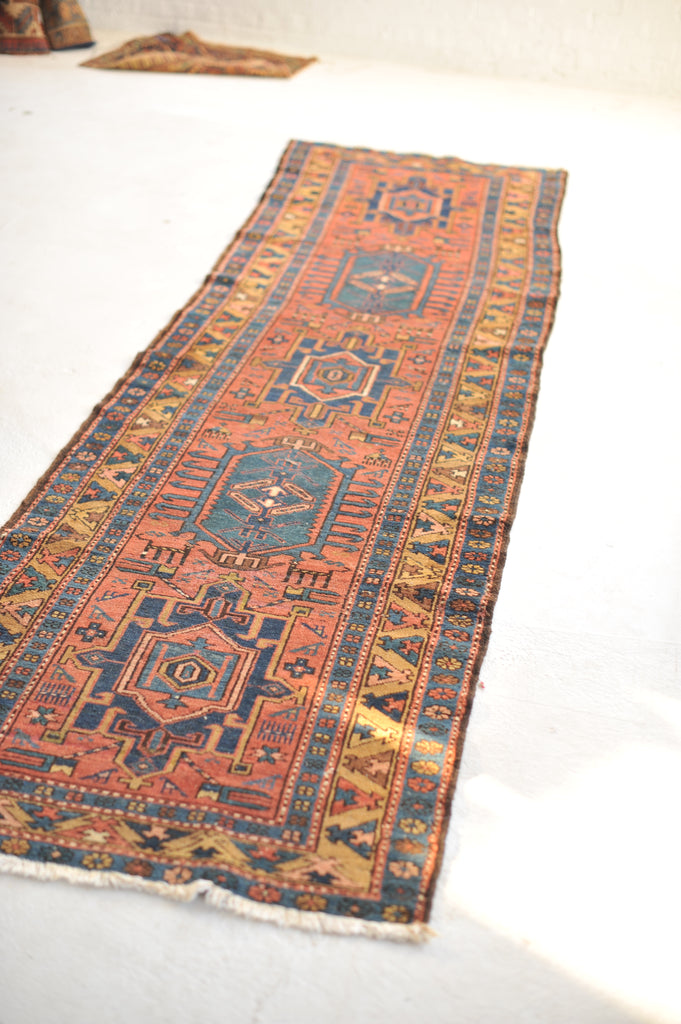 SOLD | WOW - Antique Northwest Runner | Deep Salmon-Terracotta Field with Camel Border | 3 x 10.8