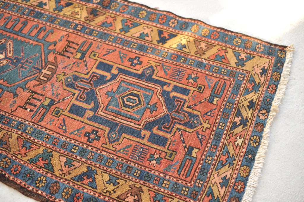 SOLD | WOW - Antique Northwest Runner | Deep Salmon-Terracotta Field with Camel Border | 3 x 10.8