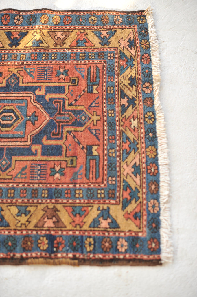 SOLD | WOW - Antique Northwest Runner | Deep Salmon-Terracotta Field with Camel Border | 3 x 10.8