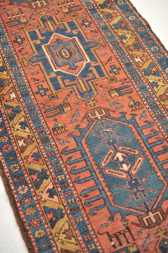 SOLD | WOW - Antique Northwest Runner | Deep Salmon-Terracotta Field with Camel Border | 3 x 10.8