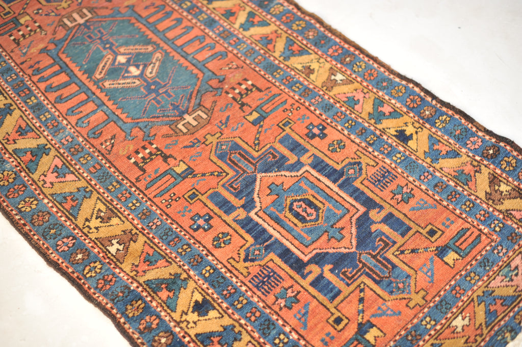 SOLD | WOW - Antique Northwest Runner | Deep Salmon-Terracotta Field with Camel Border | 3 x 10.8