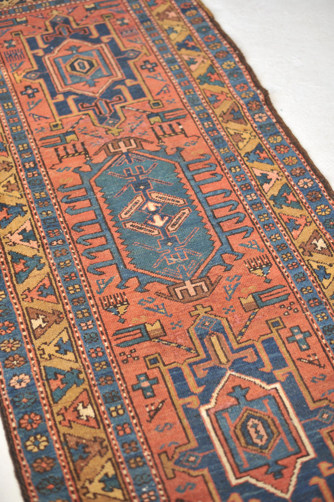 SOLD | WOW - Antique Northwest Runner | Deep Salmon-Terracotta Field with Camel Border | 3 x 10.8