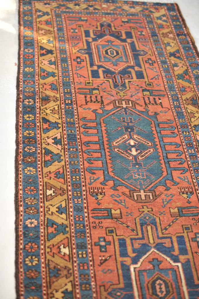 SOLD | WOW - Antique Northwest Runner | Deep Salmon-Terracotta Field with Camel Border | 3 x 10.8