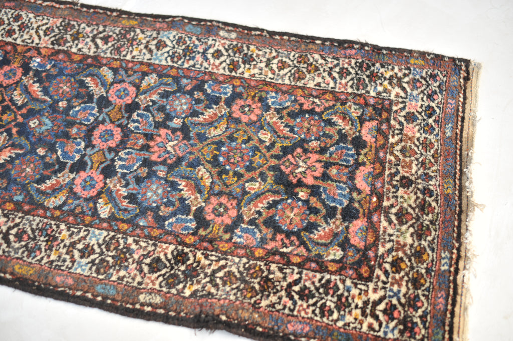 SOLD | Plush Wool Semi-Antique Herati Pattern | Deep Charcoal, Ice Blue, Pops of Salmon Pink, Antique Beige | 2.8 x 9.6