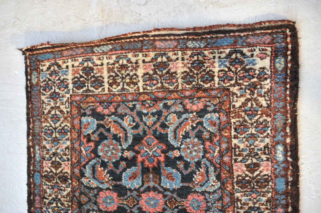 SOLD | Plush Wool Semi-Antique Herati Pattern | Deep Charcoal, Ice Blue, Pops of Salmon Pink, Antique Beige | 2.8 x 9.6